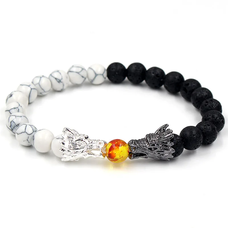 Natural Black Lava & White Howlite Stone Beads Bracelet Pulseira Masculina Mens Jewelry Buddha Dragon Bead Bracelet For Women