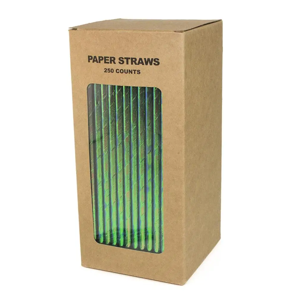 Restaurant Bulk Drinking Straws Unicorn Mermaid Pearl Birthday Party Wedding,Foil Green Iridescent Paper Straws 250 Counts Box