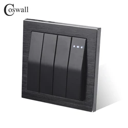 Coswall Luxurious 4 Gang Reset Switch Momentary Contact Switch Pulse Wall Switch Push Button Knight Black Aluminum Metal Panel