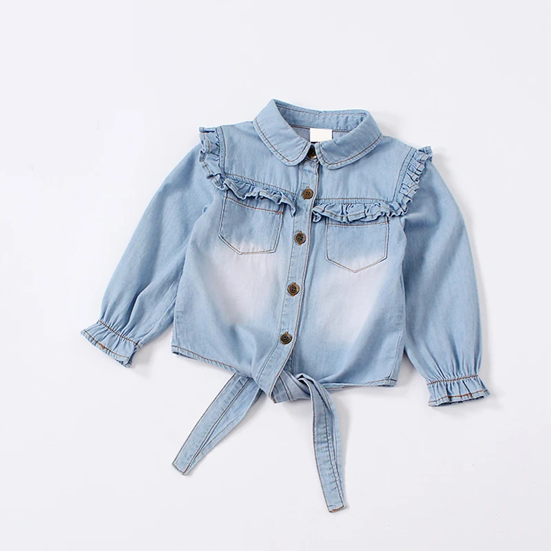 Girls Autumn Denim Shirts Casual Ruffles Blouses Kids Tie Knot Shirt Toddler Baby Girls Long Sleeve Tops Children Outwear Spring