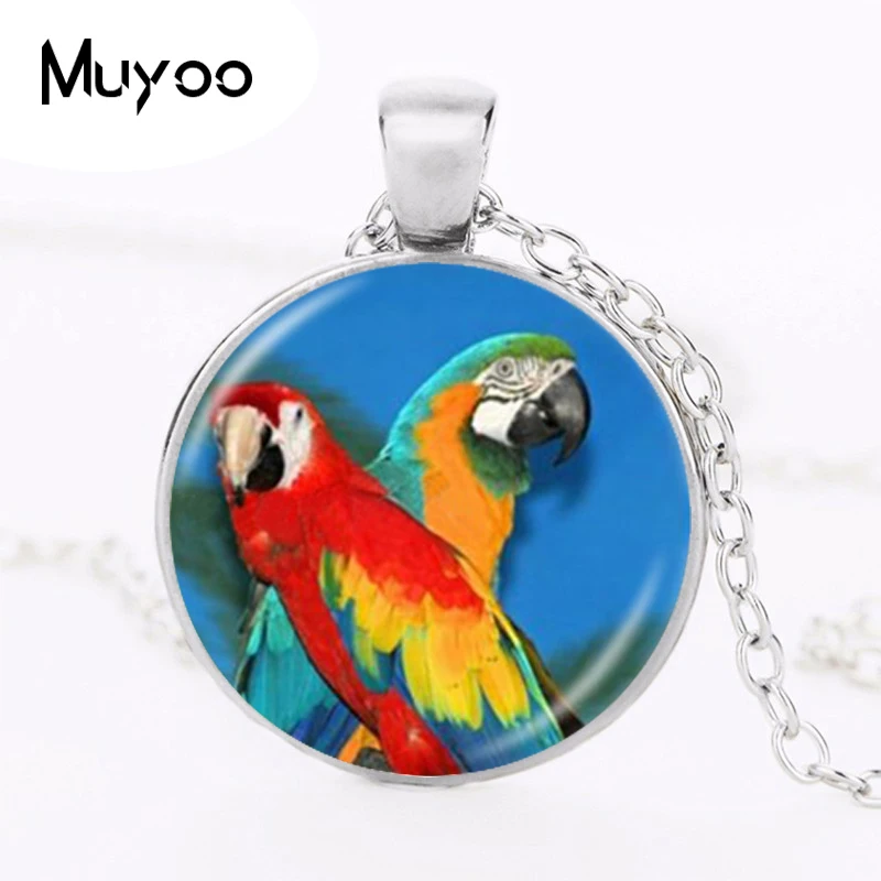 Parrot Necklace Gold Macaw Pendant Bird Jewelry Glass Cabochon Sweater Chain Necklace Handmade Jewellery for Animal Lover HZ1