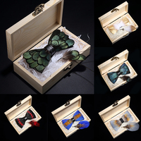 KAMBERFT design handmade feather bow tie brooch wooden box set high quality men's bowtie leather tie for wedding party banquet