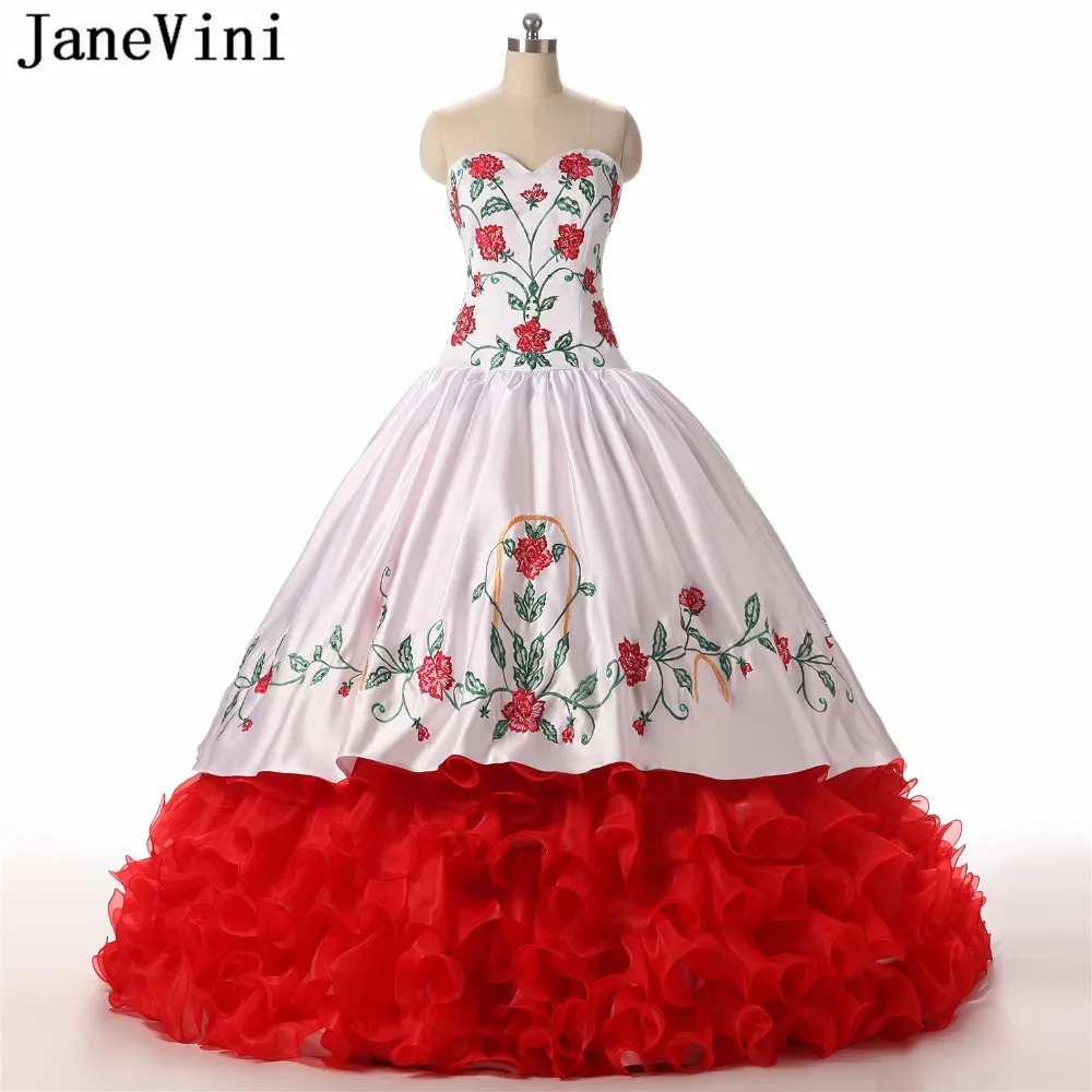 

JaneVini Charming Ball Gown Quinceanera Dresses Sweetheart Beaded Embroidery Flowers Pattern Organza Ruffles Tiered Robe 16 Ans