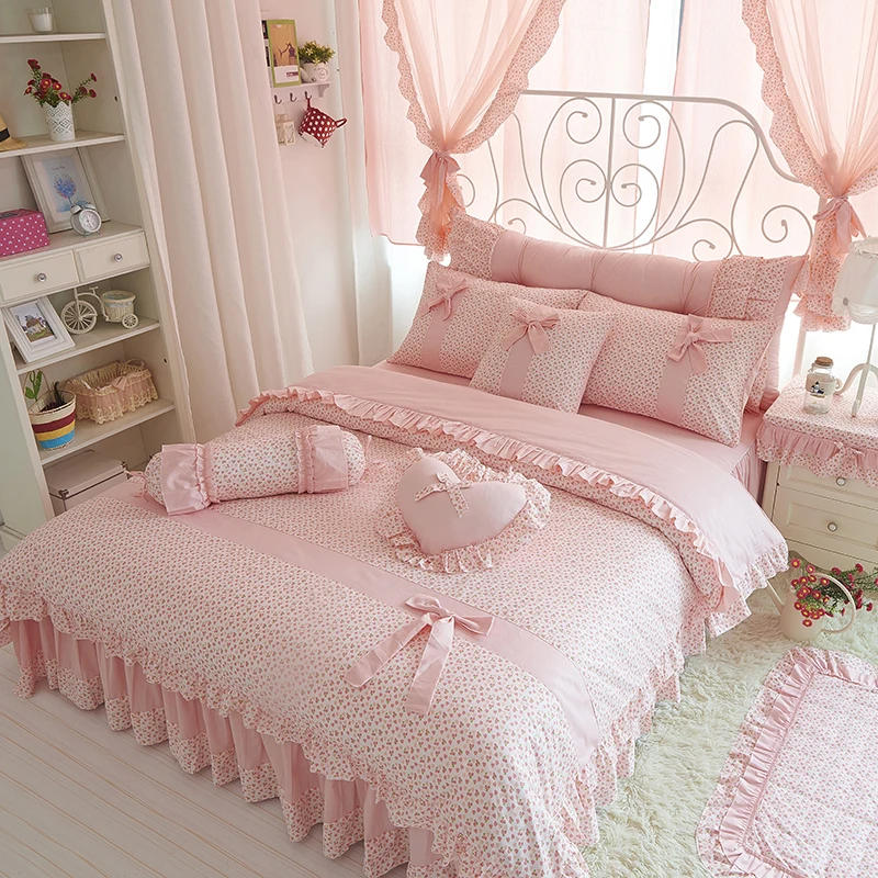 

Korean Style Princess Bedding Sets,100% Cotton,Pink Cherry Printing,Lace Duvet Cover,Ruffles,Bow Bedspread,Bed Skirt,Pillowcases