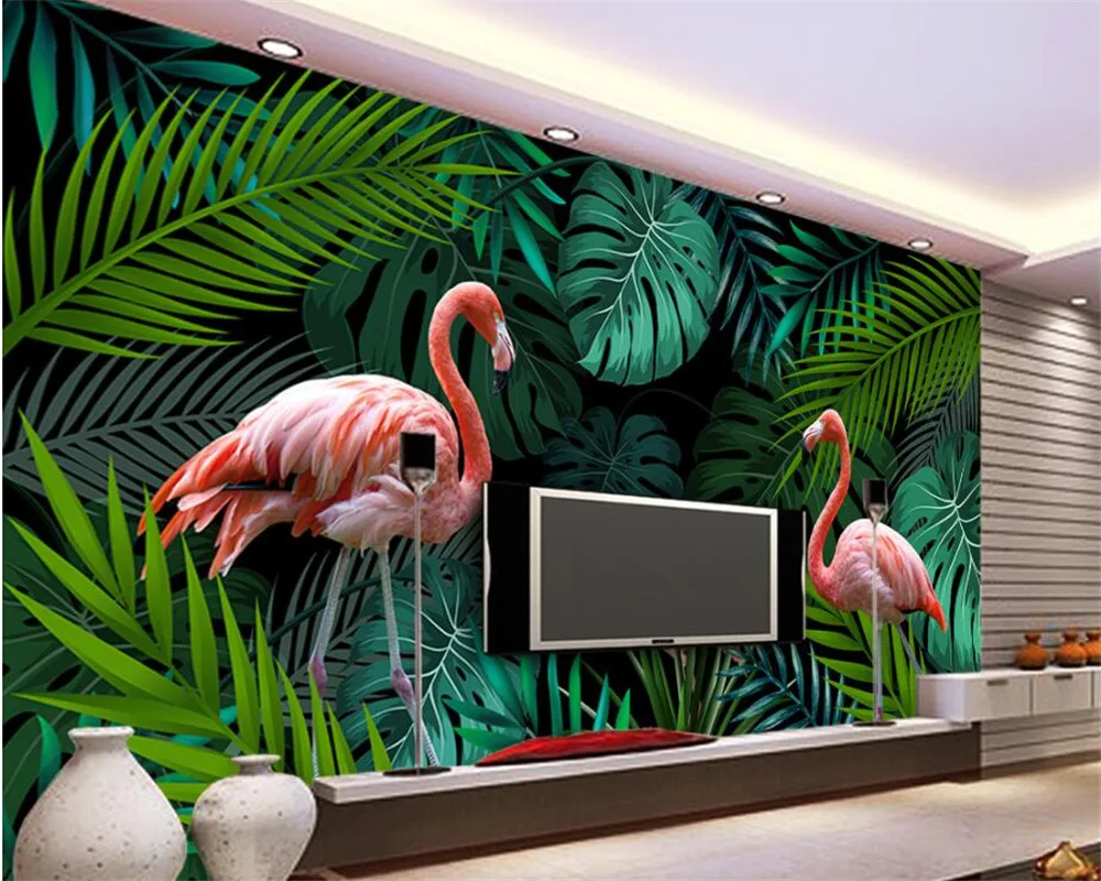 

Custom Mural Wallpaper Southeast Asia Hand drawn tropical rain forest flamingo wall background Modern 3D wallpaper