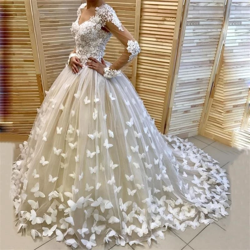 New Appliques Butterfly Puffy Bridal Gowns Arabic Dubai Wedding Dresse Long Sleeves vestido de noiva robe de mairage