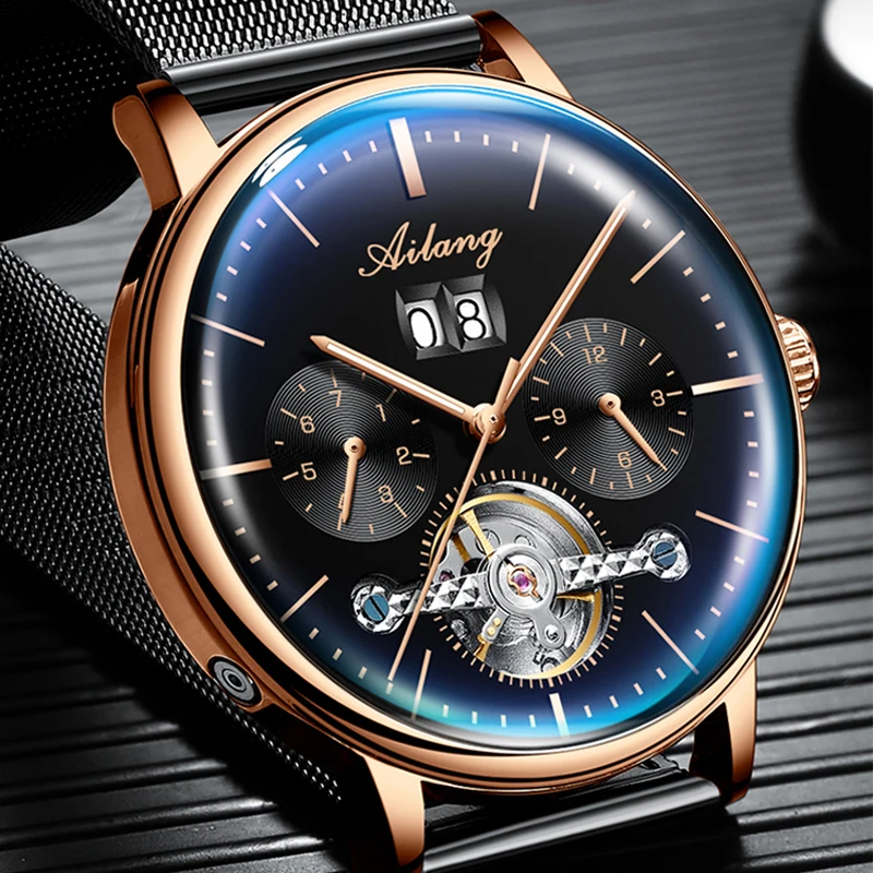 AILANG Men Skeleton Automatic Mechanical Watch Black Tourbillon Man Full Steel Watches Mens Self-Wind Watch Relogio Masculino