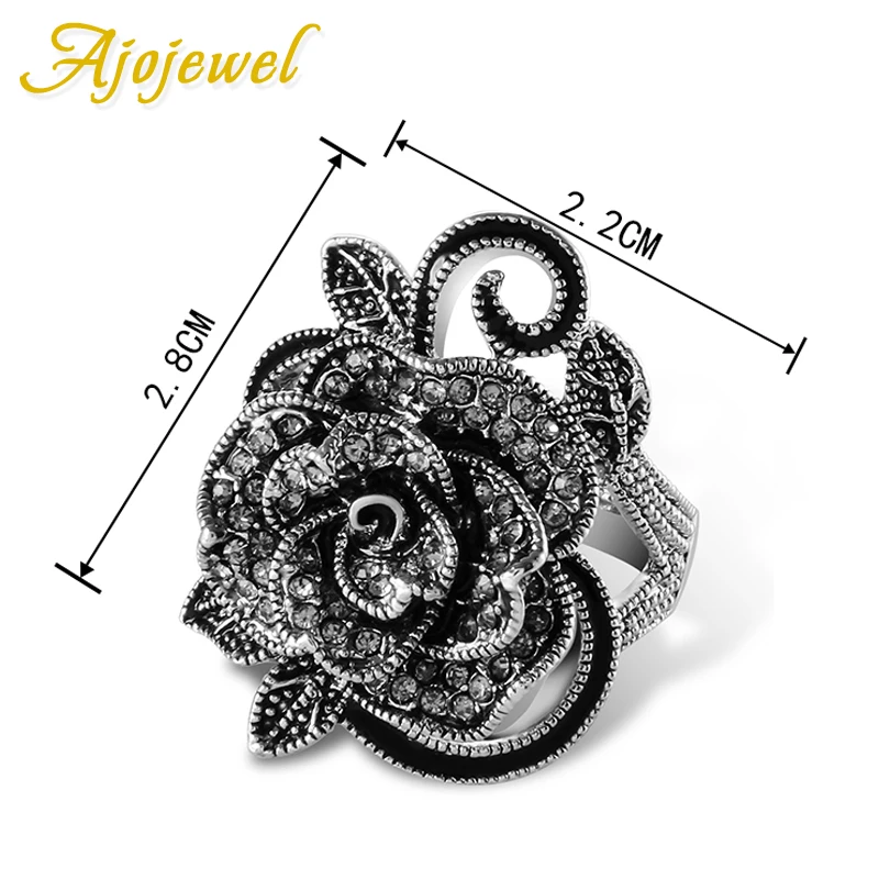 Ajojewel #7-10 Black Rose Flower Big Vintage Rings For Women Unique Retro Crystal Rhinestone Jewelry Luxury Gift