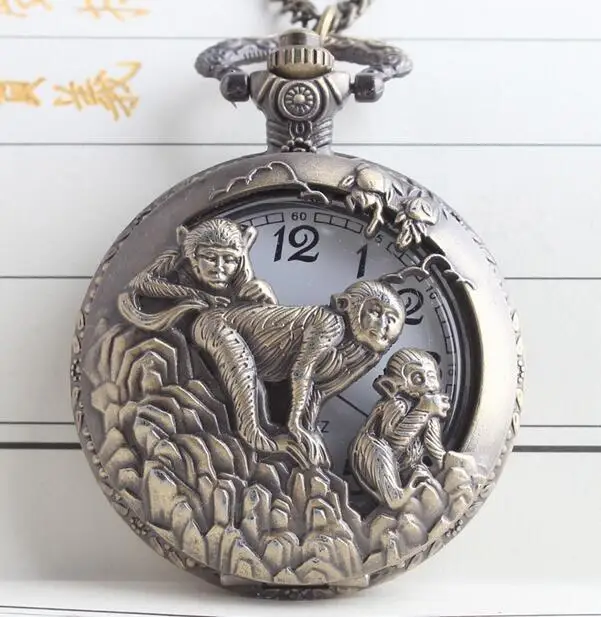 Vintage Zodiac 12 Bronze 3 Monkey Playing Hollow Quartz Pocket Watch Necklace Pendant Carving Back Womens Men GIfts