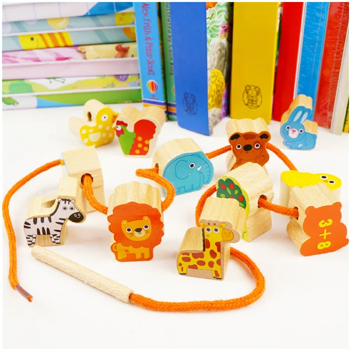 Children's Wooden Beads Toys Cartoon Animal Number Together Fashion Kit DIY Educational Toy Baby Boys Girls Craft Gifts with Box