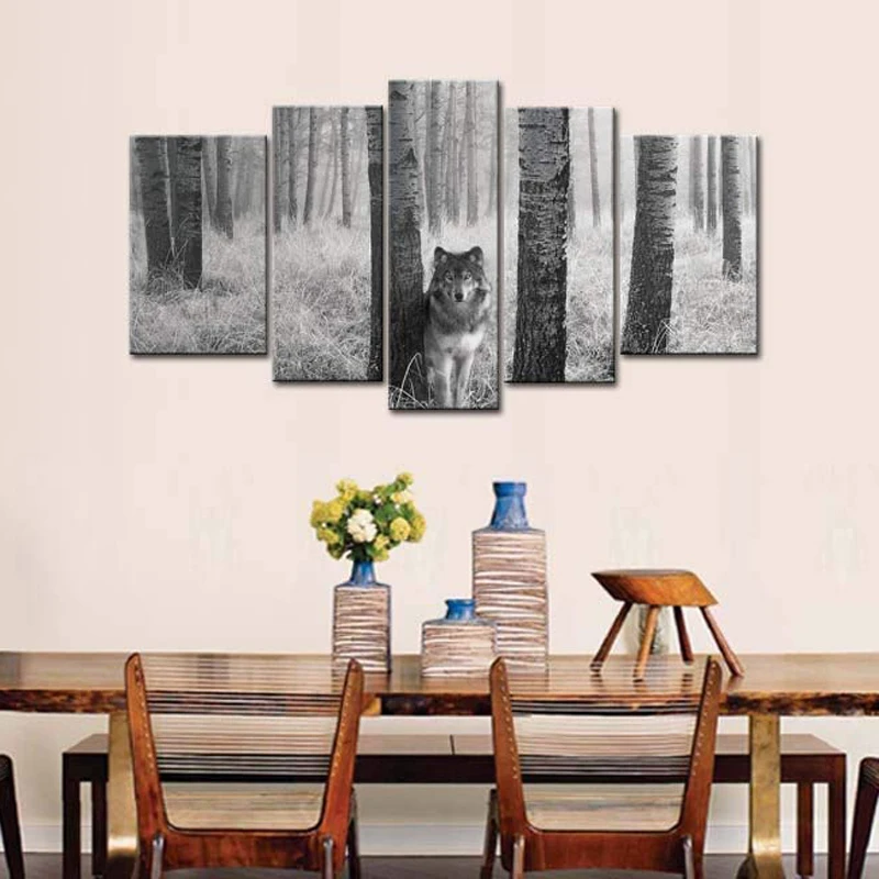 Modern Wall Art Poster Canvas HD Printed Painting 5 Panel Forest Animal Wolf Snow Fox Pictures Home Decor For Living Room