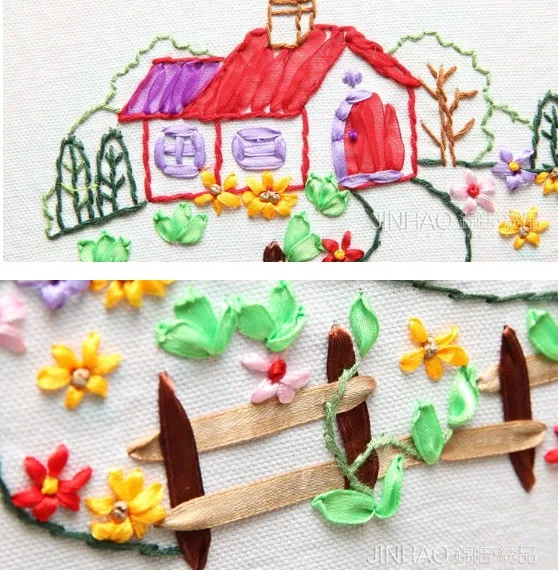 Clear stock Village house garden Ribbon embroidery kit stain silk painting set handcraft kit DIY handmade needlework