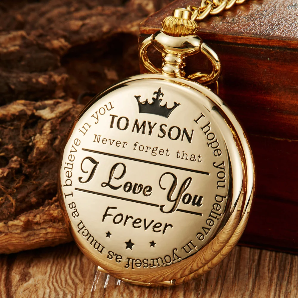 

To My Son I Love You Series Pocket Watch Gold Black Full Hunter Quartz Watch Pendent Necklace Fob Chain Best Christmas Gift