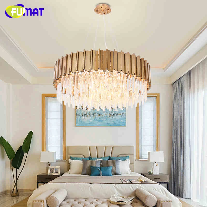 

FUMAT Post-Modern Living Room K9 Crystal Pendant Lights Luxury Copper Metal Brushed Round Designer LED Crystal Pendant Lamp