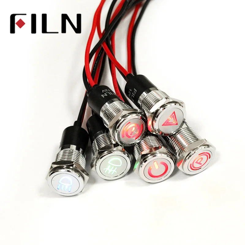 FILN 14mm panel hole car applicancance led red yellow white blue green 6v 24v 110v 220v mini led indicator light with 20cm cable