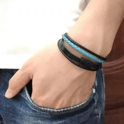 Men Bracelet Punk Black/Brown/Blue/Lake Blue Braided Leather Bracelet Bangle Male Accessories Jewelry Black Leather Bracelets