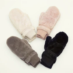 Fashion Solid Winter Gloves Women Warm Dehair Angora Inside Coral Fleece Thick Mittens For Women Female Hanging Rope Gants Femme