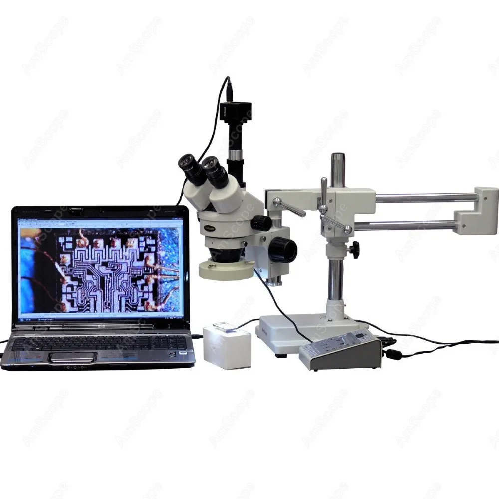 Laboratory Microscope-AmScope Supplies3.5X-90X Boom Stand Stereo Microscope with 8-Zone 80-LED Light + 5MP USB Camera