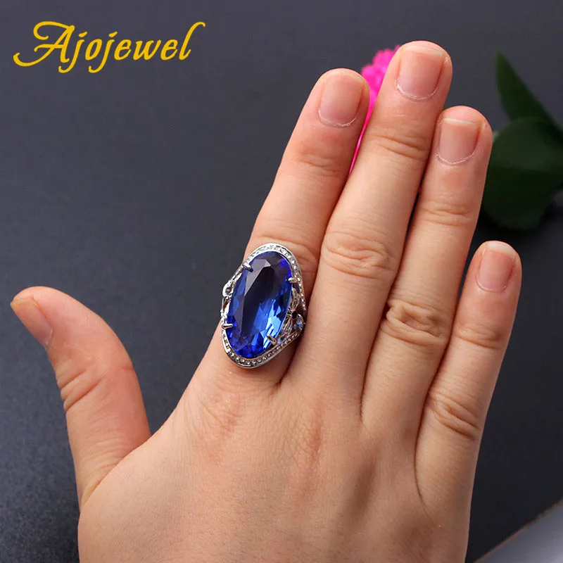Ajojewel Big Blue Crystal Dragonfly Rings For Women Silver-color Insect Statement Jewelry Elegant Gift