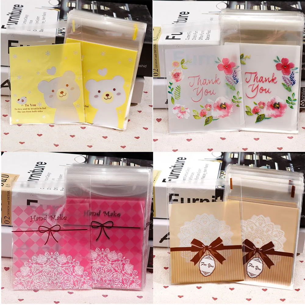 10x10+3cm 50PCS Flower Bear Bow Plastic Bag Wedding Birthday Cookie Candy Gift Packaging Bags OPP Self Adhesive Party Favors