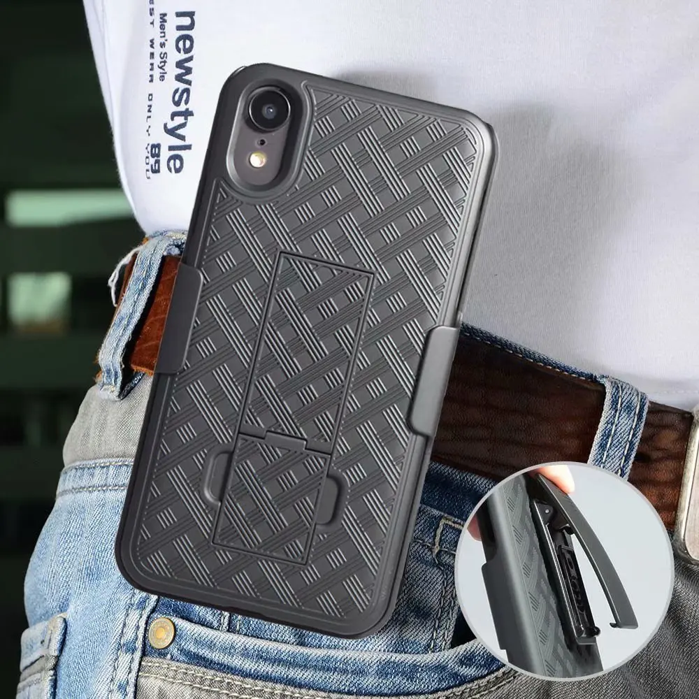 Woven 2 in 1 Hybrid Hard Shell Holster Combo Case With Kickstand & Belt Clip For iPhone XR 6.1\