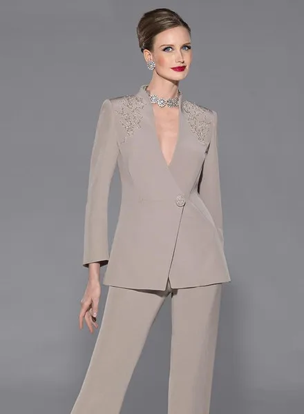 Fashion Elegant Mother Of Bride Pant Suits Long Sleeves Two Pieces Deep V-Neck Appliques Satin Custom Make Formal Suit