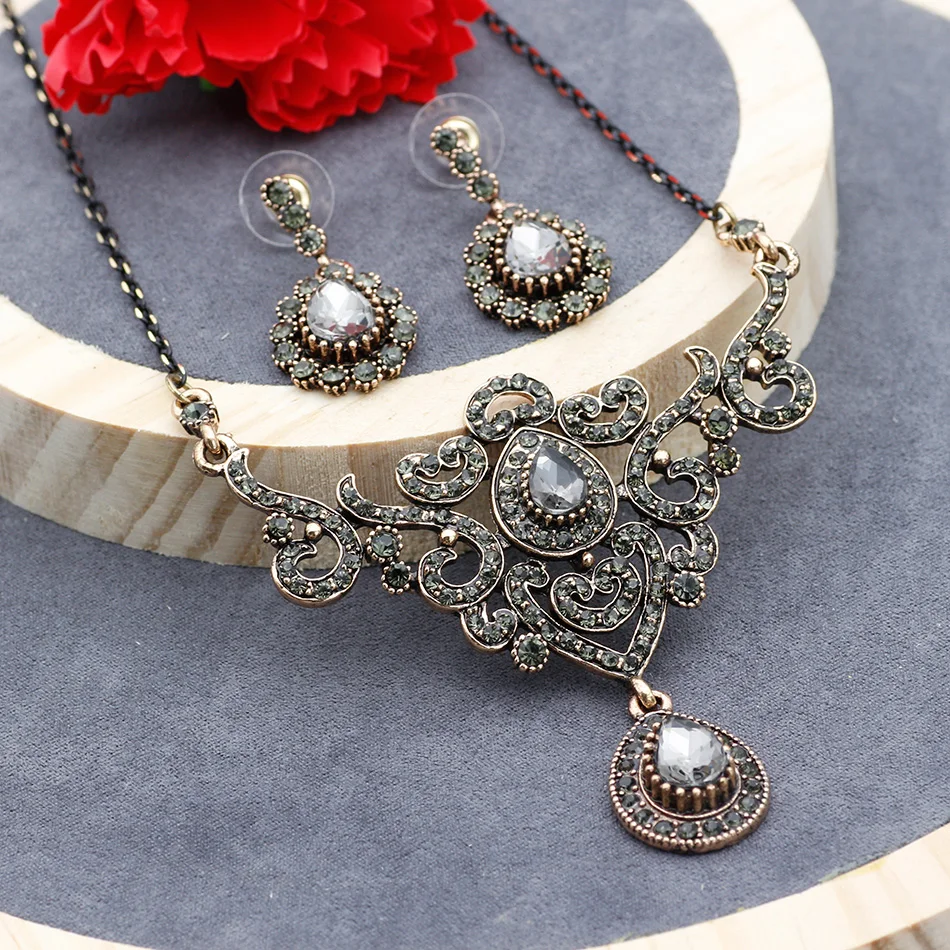 Sunspicems Turkish Wedding Jewelry Sets Gray Crystal Drop Earring Charm Necklace Antique Gold Color Bohemia Party Bijoux Gift