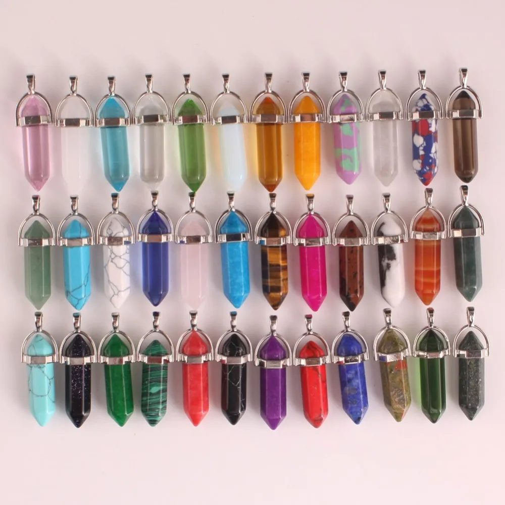 24pcs/lot Healing Point Chakra Pendants Hexagonal Quartz Crystals Bullet Shape Stone DIY Pendulum Beads For Jewelry Making Free