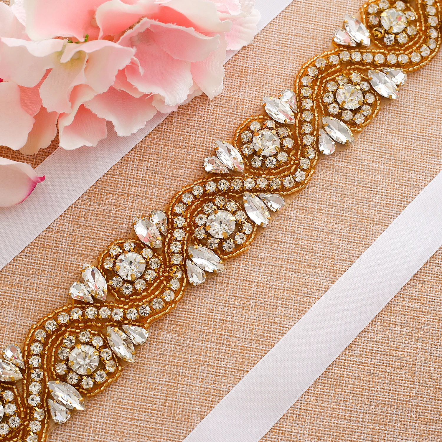 SESTHFAR Crystal Bridal Belt Diamond Wedding Belts Gold Rhinestones Flower Bridal Sash For Wedding Accessories Belt