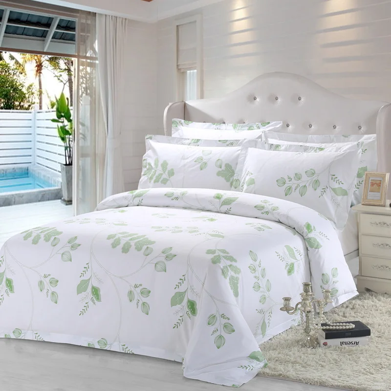 Green leaf printing bedding sets Modern Simple Style bed four-pieces Sets Full King Queen duvet cover flat bed sheet pillow case