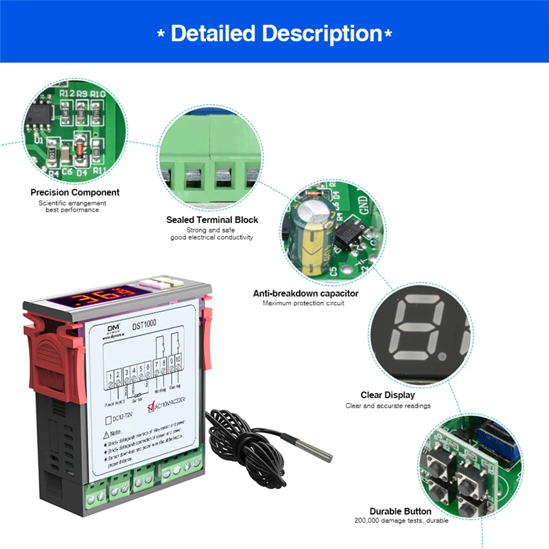 DST1000/1020 Digitaler Temperaturthermostat mit LED-Anzeige, Controller-Sensor, Dual-Modus für Inkubator, DC 12-72V, AC 110V 220V – Detail 9