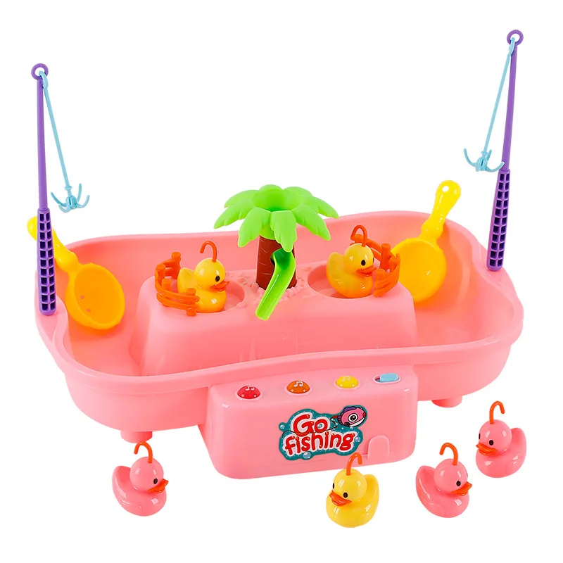 DIY Electric Rotating Plastic Magnetic Fishing Duck Toy Set Music and Baby Bath Toy Fishing Game Children\'s Indoor and Outdoor