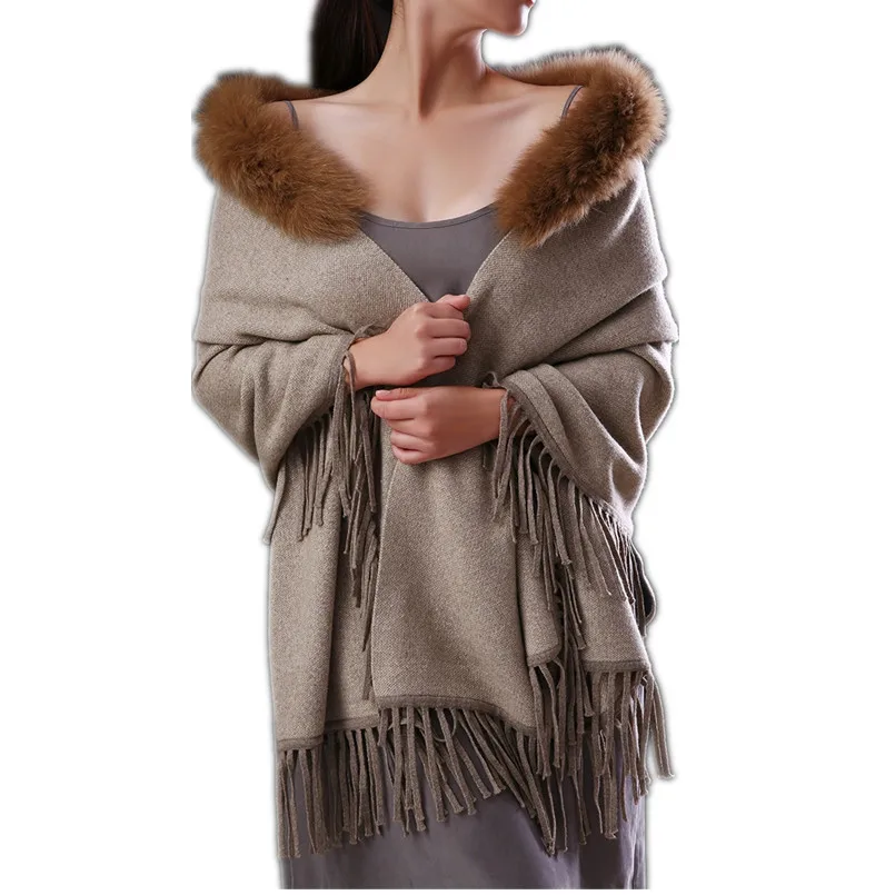 luxury shawl female ladies winter autumn spring wraps 100% pure cashmere real fox fur trim S20