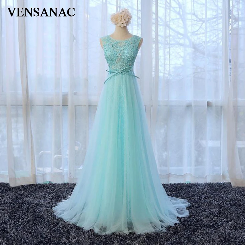 

VENSANAC 2018 O Neck A Line Sweep Train Beading Bow Sash Long Evening Dresses Party Crystal Lace Appliques Prom Gowns