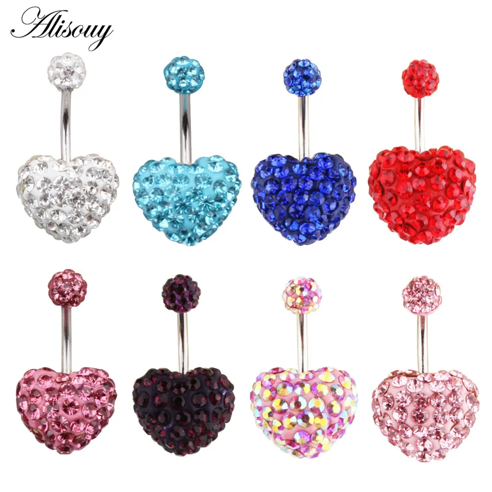 Heart Double Side Belly Piercing Rings Surgical Steel Crystal Disco Ball Belly Button Ring Navel Piercing Body Jewelry