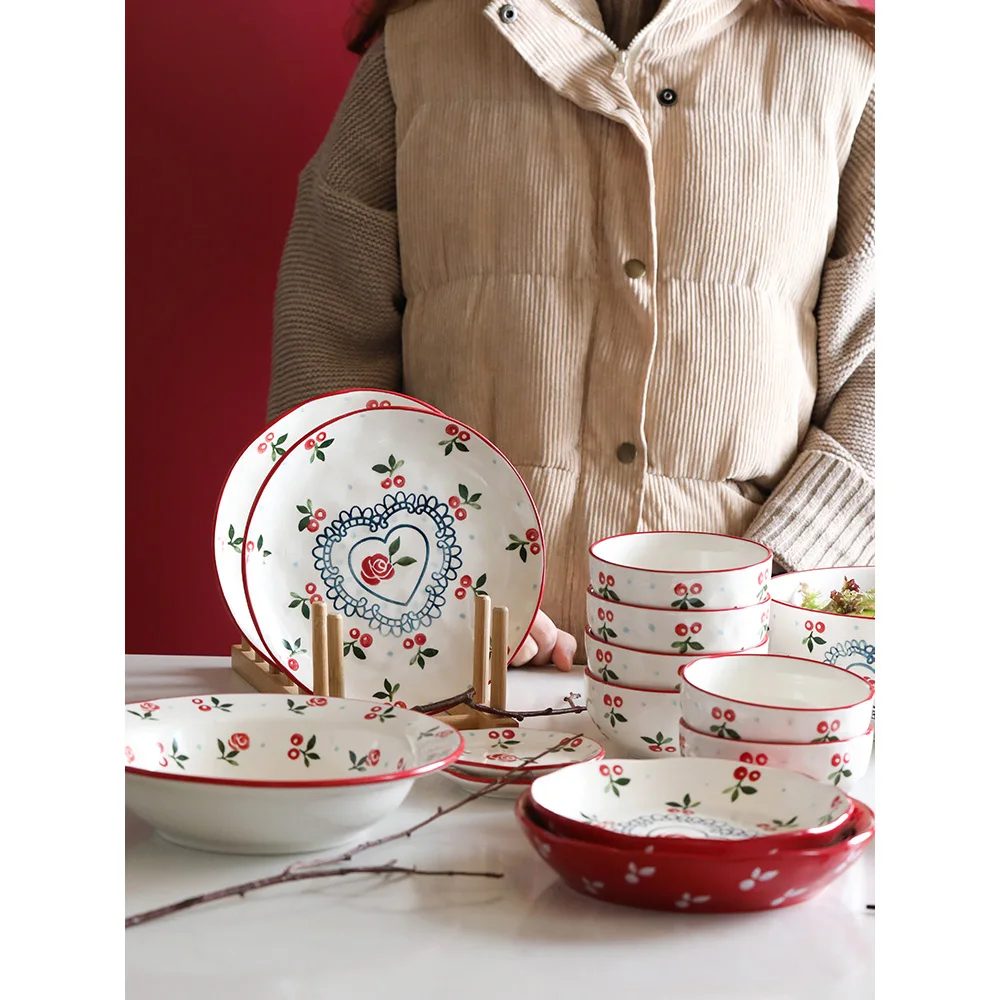 ceramic dinnerware set retro cherry under glazed printed dinner set porcelain cutlery sets 2users 4 users 6 user tableware gifts