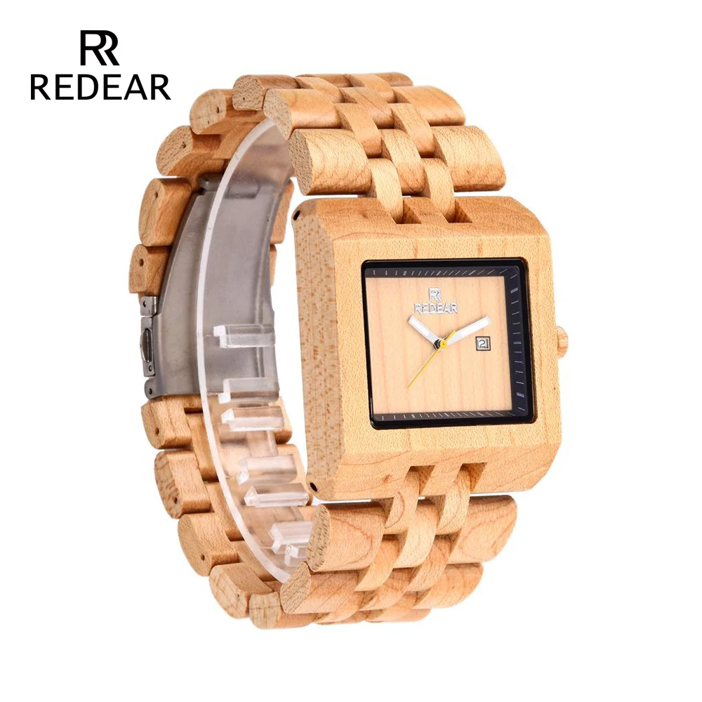 REDEAR Male Natural Wooden Watches Men Antique Birch Wood Square Watch Luxury Casual Quartz Wrist Watch Automatic Brand Watch