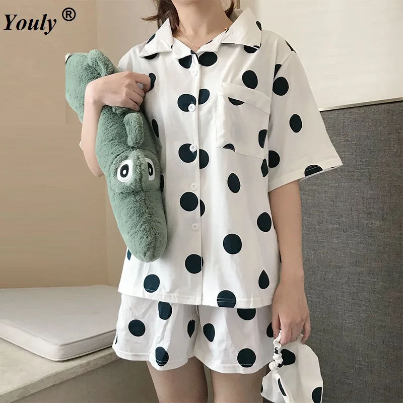 

Polka Dot Cotton Pijamas Women Set Summer Sleepwear Casual Loose PyjamasHomewear Set Hot Shorts And Top Turn-down Collar