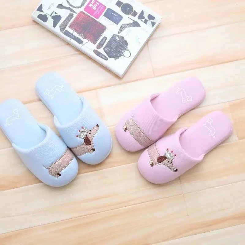 Drop Shipping Women\'s Fuzzy Pink And Light Blue Dog Plush Cotton Slippers Slip On Dachshund Female Slippers