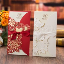 50pcs Laser Cut Rose Heart Wedding Invitations Card Greeting Cards Customize With Ribbon Wedding Decoration Event Party Supplies