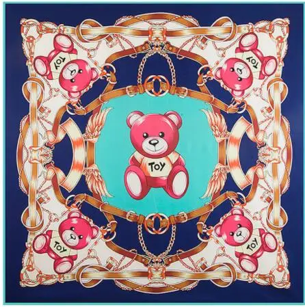 130cm*130cm High Quality Large Square Scarves Twill Shawls,Luxury Brand Toy Bear Chain Print Silk Scarf For Women Headband D619