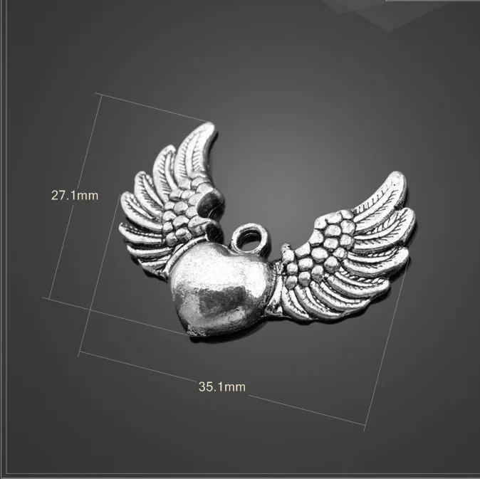 6 PCS/Lot 35mm*27mm suspension metal Antique Silver Plated Wing Heart Charm For Jewelry Making