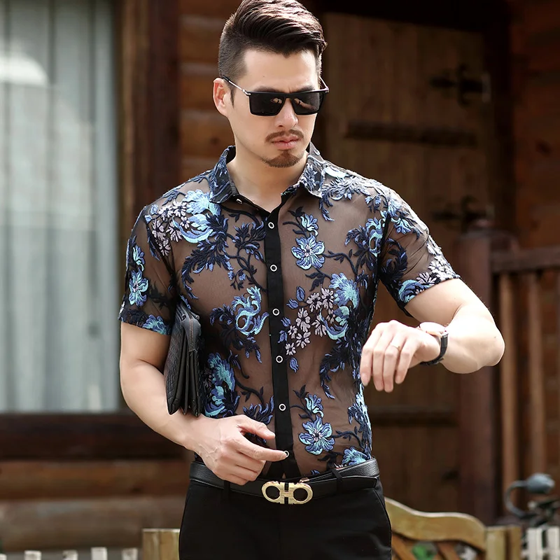 

Men's Hollow Out Lace Clubwear Summer Transparent Embroidery Clothing Sexy Male See Through Floral Dress Shirts Short Sleeved