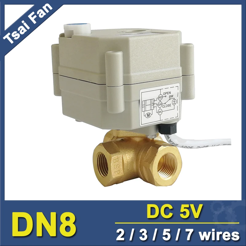 1/4''  DC5V Metal Gear Actuated Electric Valve With Manual Override Brass 3 Way T/L Type DN8 Motorized  Valve