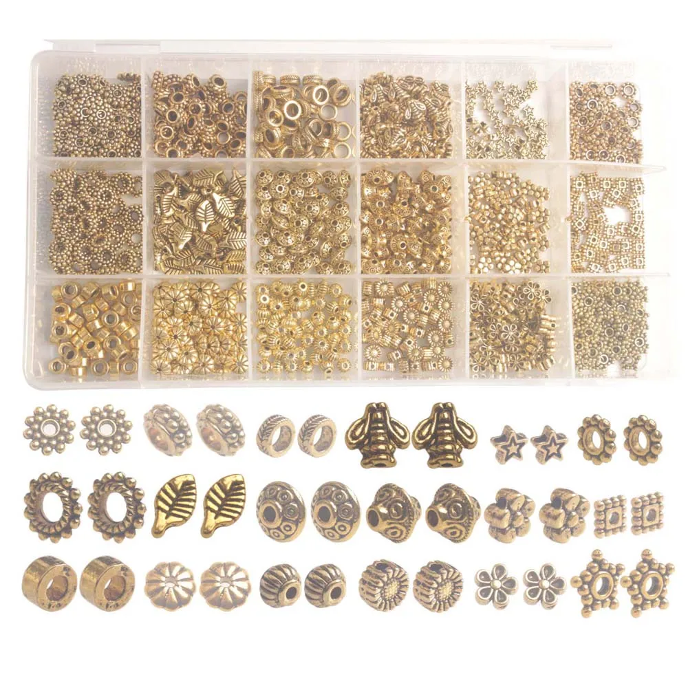 

One Box of 900PCS 18 Styles Antiqued Gold Metal Spacer Beads Accessories for Jewelry Making