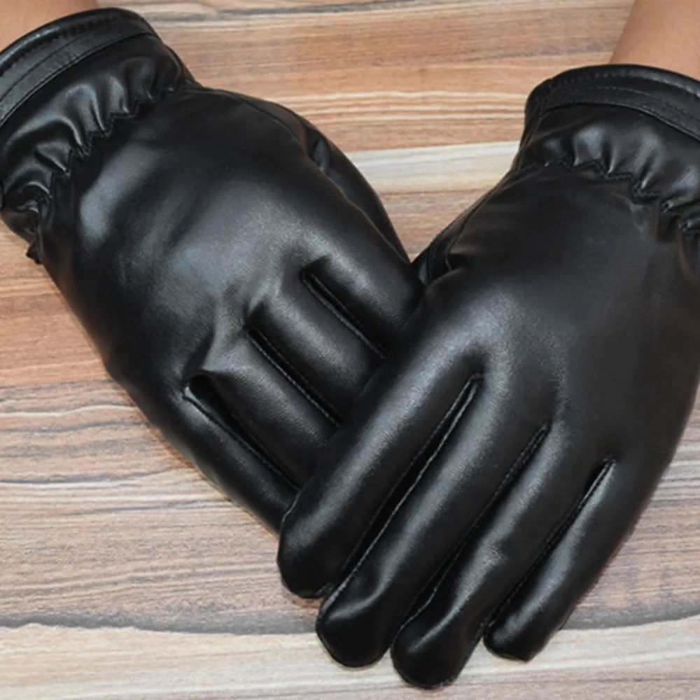 Herren Faux Leder Winter Handschuhe Gefüttert Warm Verdicken Geraffte Handgelenk Hand Wärmer Weiche