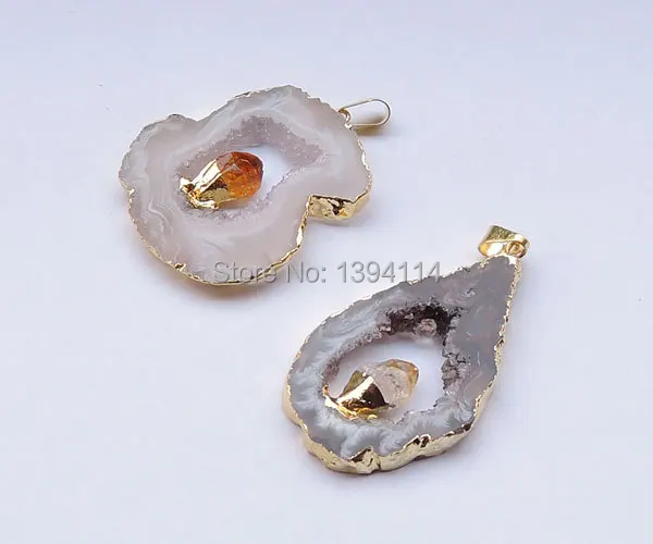 Natural Agate Geode Slice & Citrine Point Irregular Shape Pendant With Side Gold-plated