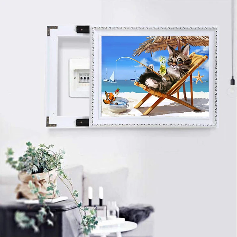 5D DIY Diamond Embroidery Diamond Painting Beach Fishing Cat Cross Stitch Full Square Rhinestone Mosaic Decoration Gift