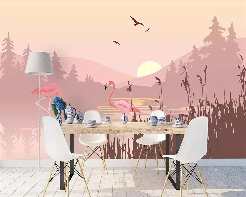 modern pink landscape flamingo wallpaper mural indoor living room bedroom TV background wall decoration 3d wallpaper