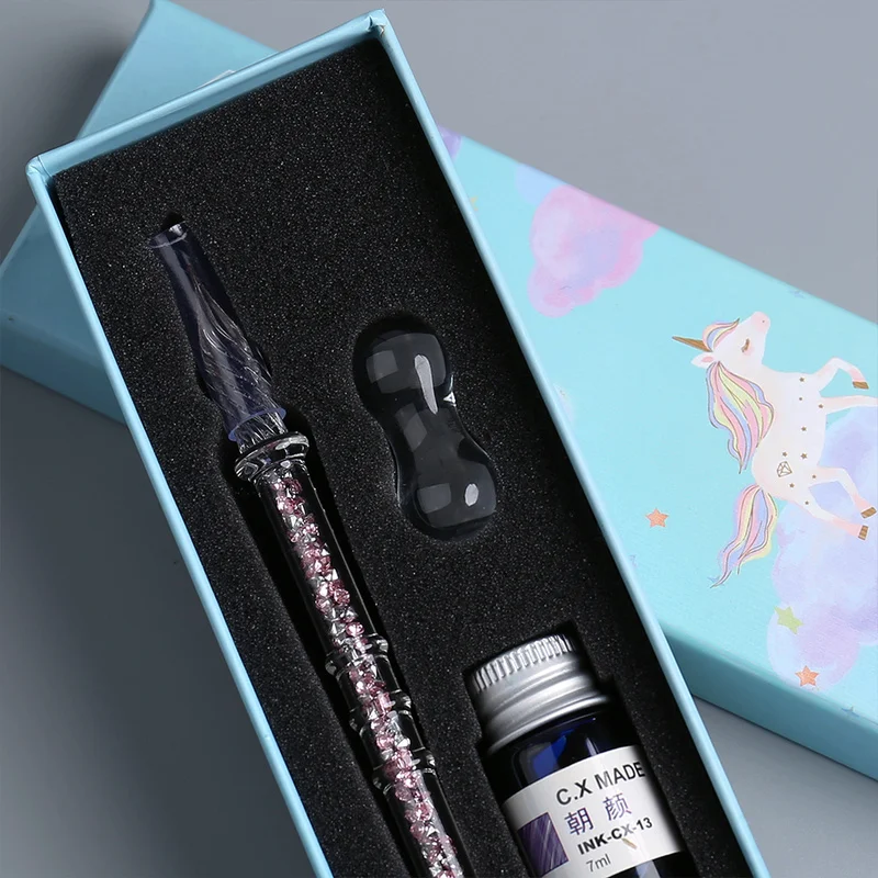 JUGAL New Glass Squirt Pen Unicorn Fountain Pen Ink Set Transparent Dip Pen for Writing Fountain Pen Gift Box Art Supplies